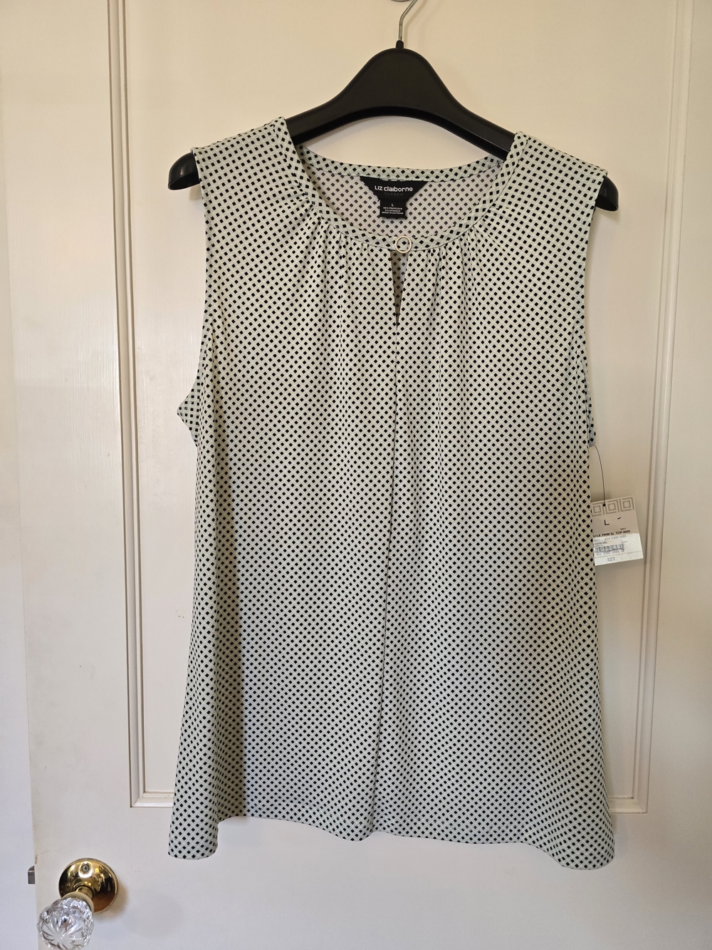 Liz Claiborne Sea Green Circle Trim Polka Dot Sleeveless Blouse LARGE